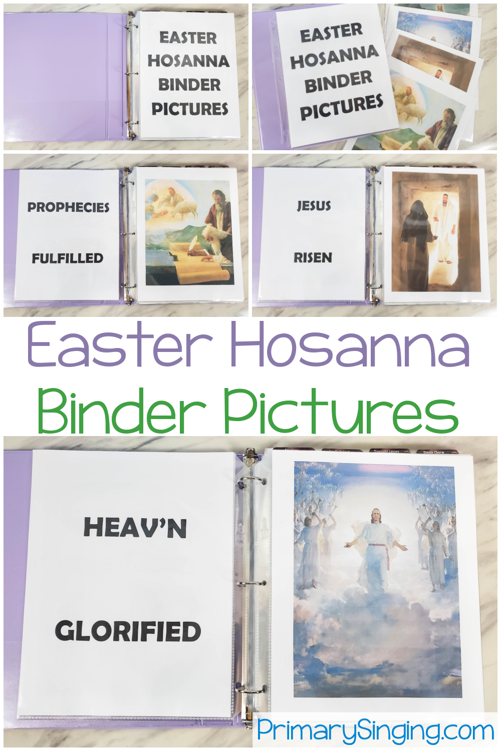 Easter Hosanna Binder Pictures fun and super easy singing time idea to help teach this beautiful Easter song in Singing Time for LDS Primary Music Leaders. Just flip through the pictures with keywords on the back of each page as you sing the story!