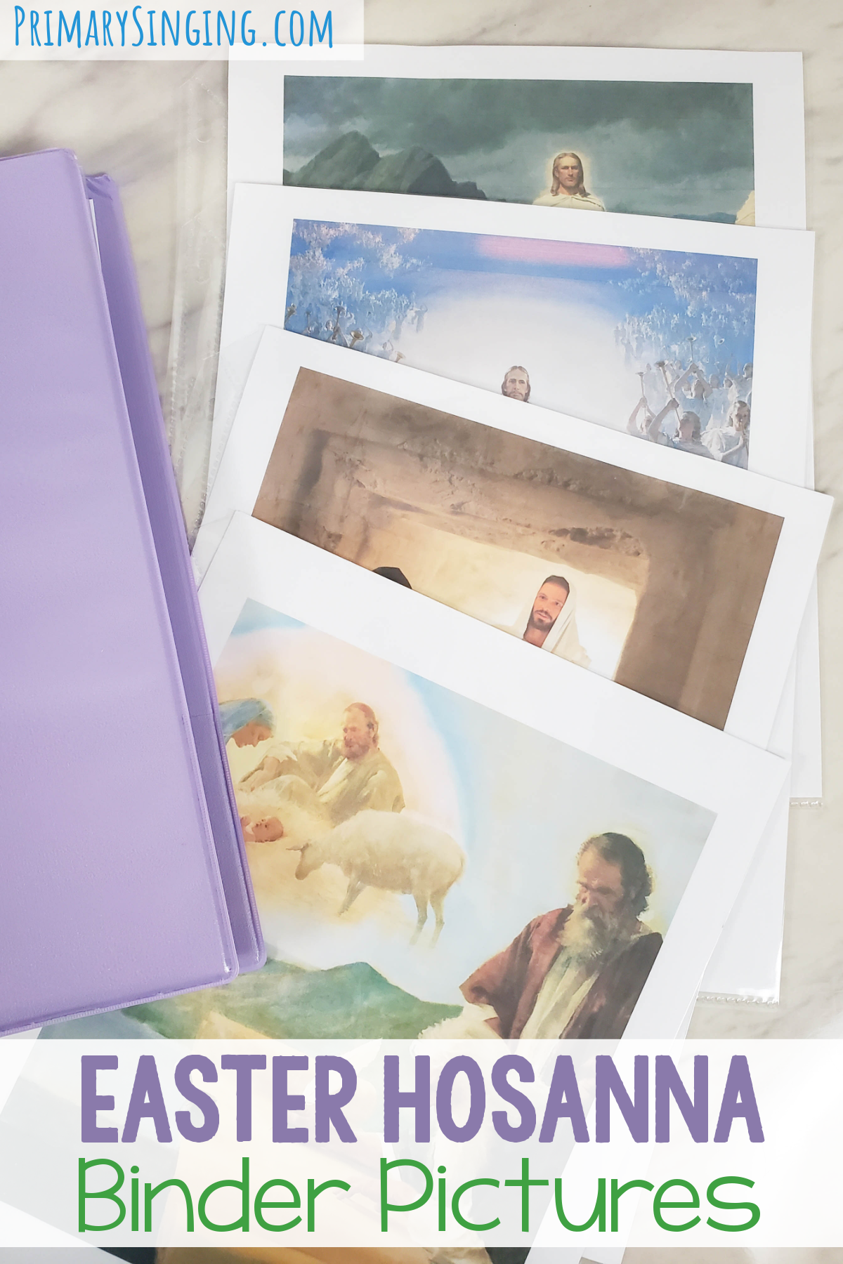 Easter Hosanna Binder Pictures fun and super easy singing time idea to help teach this beautiful Easter song in Singing Time for LDS Primary Music Leaders. Just flip through the pictures with keywords on the back of each page as you sing the story!