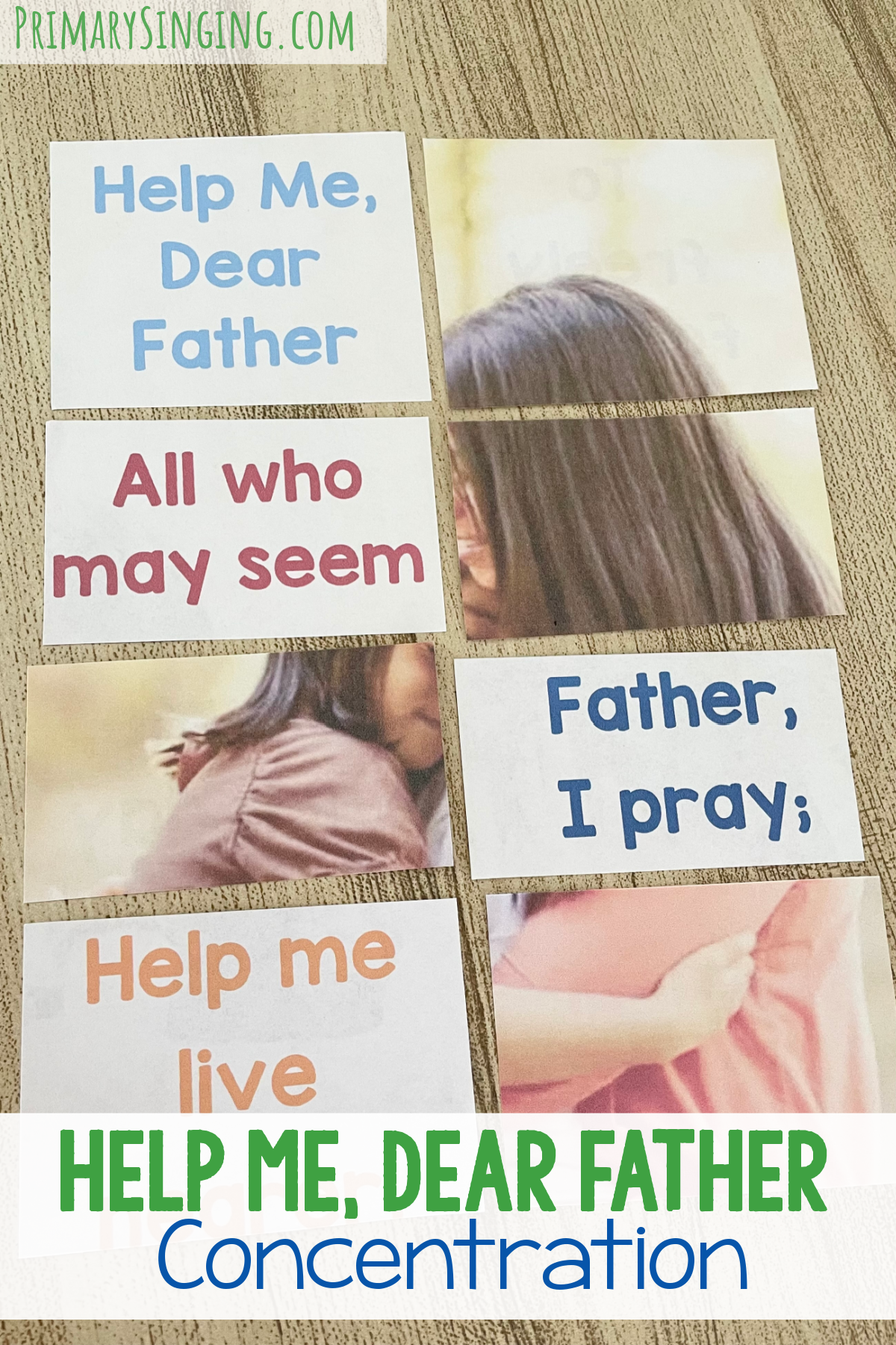 Help Me Dear Father Concentration - Use fun picture puzzle and uncover the picture as you review this song in primary with printable song helps for LDS Primary Music Leaders.