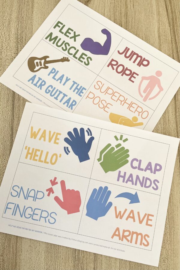 Help Me Dear Father Be My Mirror - Copy simple actions for a fun movement idea in singing time with printable action cards for LDS Primary Music Leaders.