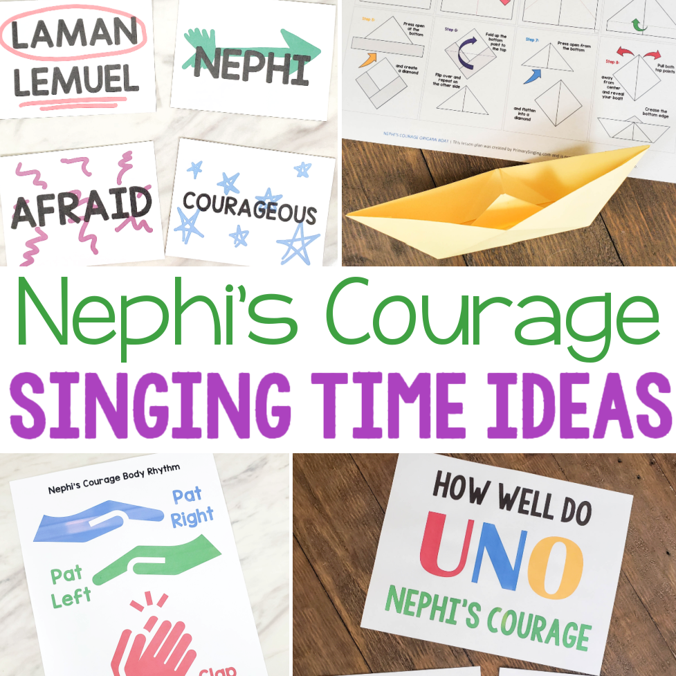 Nephi's Courage Singing Time Ideas - Lots of fun ways to teach this Primary song including build an origami boat, word map, hand actions, UNO review, rhythm sticks, art flip chart and many more! A great resource list for LDS Primary music leaders.