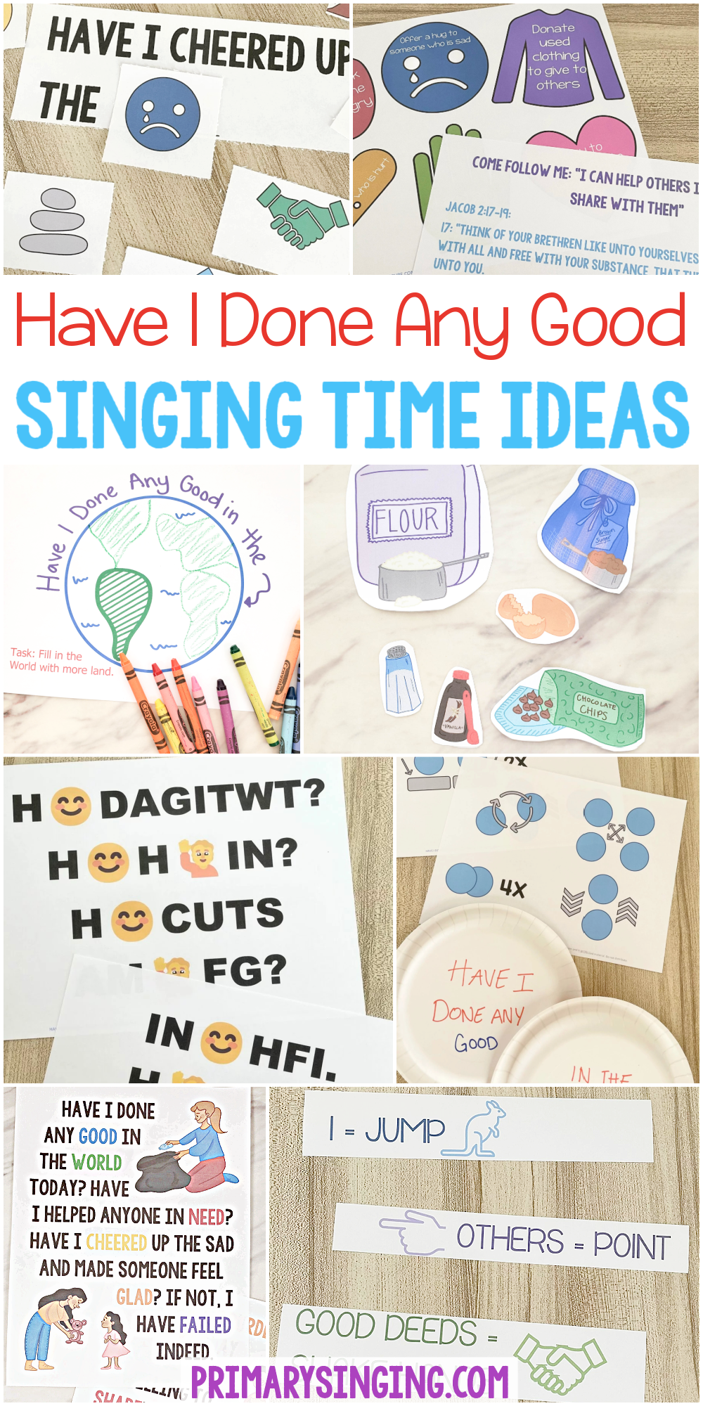Have I Done Any Good Singing time packet for this beautiful primary song - easy ways for LDS Primary music leaders to teach this hymn including a beautiful custom art flip chart, finish the drawing, paper plates, first letters, choose the missing word, movement words, making cookies and more!