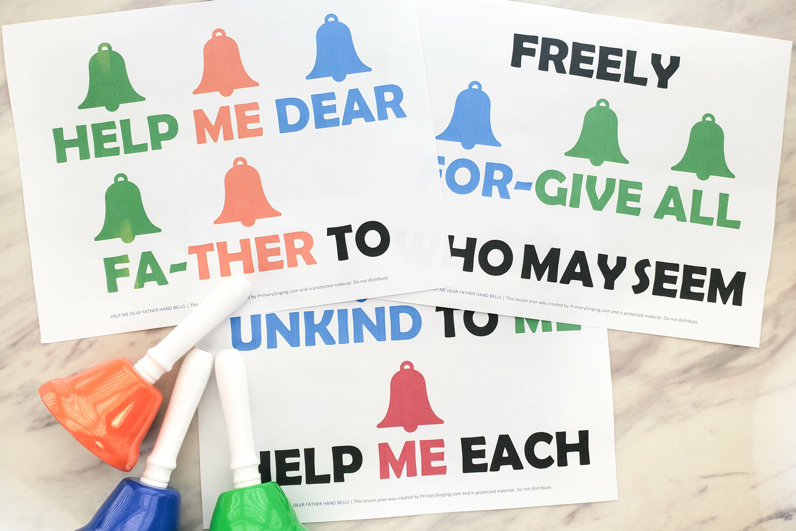 Help Me Dear Father Hand Bells singing time idea fun activity to help you teach this song! Chime the bells on the keywords to use a classic 8-note bell set. Printable song helps for LDS Primary music leaders.