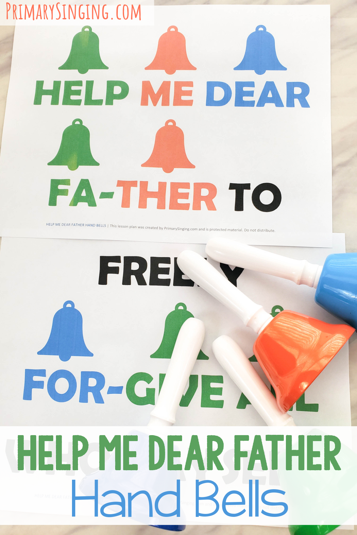 Help Me Dear Father Hand Bells singing time idea fun activity to help you teach this song! Chime the bells on the keywords to use a classic 8-note bell set. Printable song helps for LDS Primary music leaders.