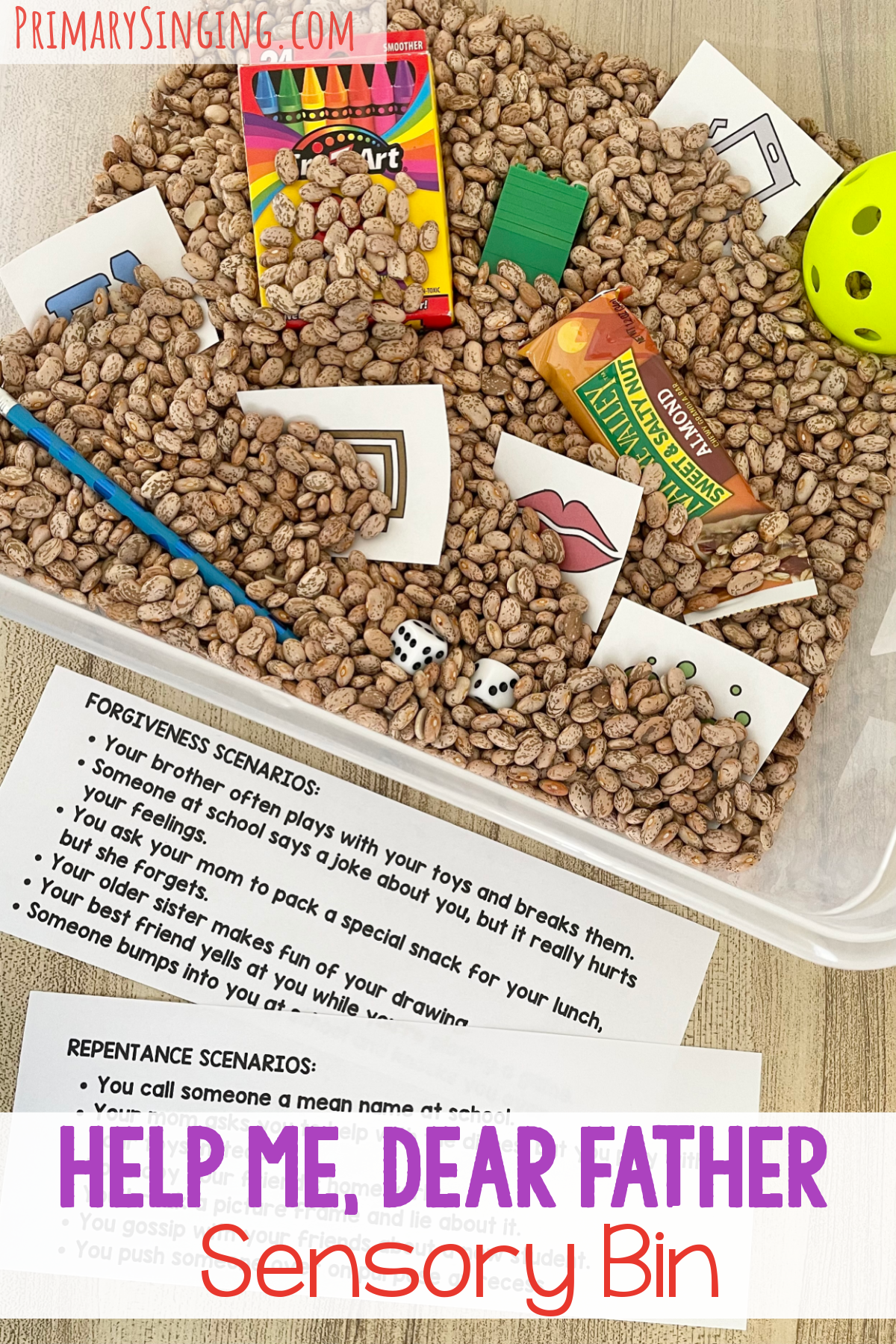 Help Me Dear Father Sensory Bin - Engage your senses with this fun sensory bin object lesson. Just choose an item and read scenarios about forgiveness and repentance with printable song helps for LDS Primary Music Leaders.