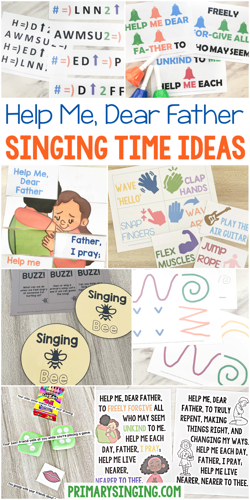 Help Me Dear Father singing time ideas including tons of fun ways to engage with this song including flip chart, singing bee, finger lights, first letters, hand bells, and much more. Resource for LDS Primary music leaders printable song helps.