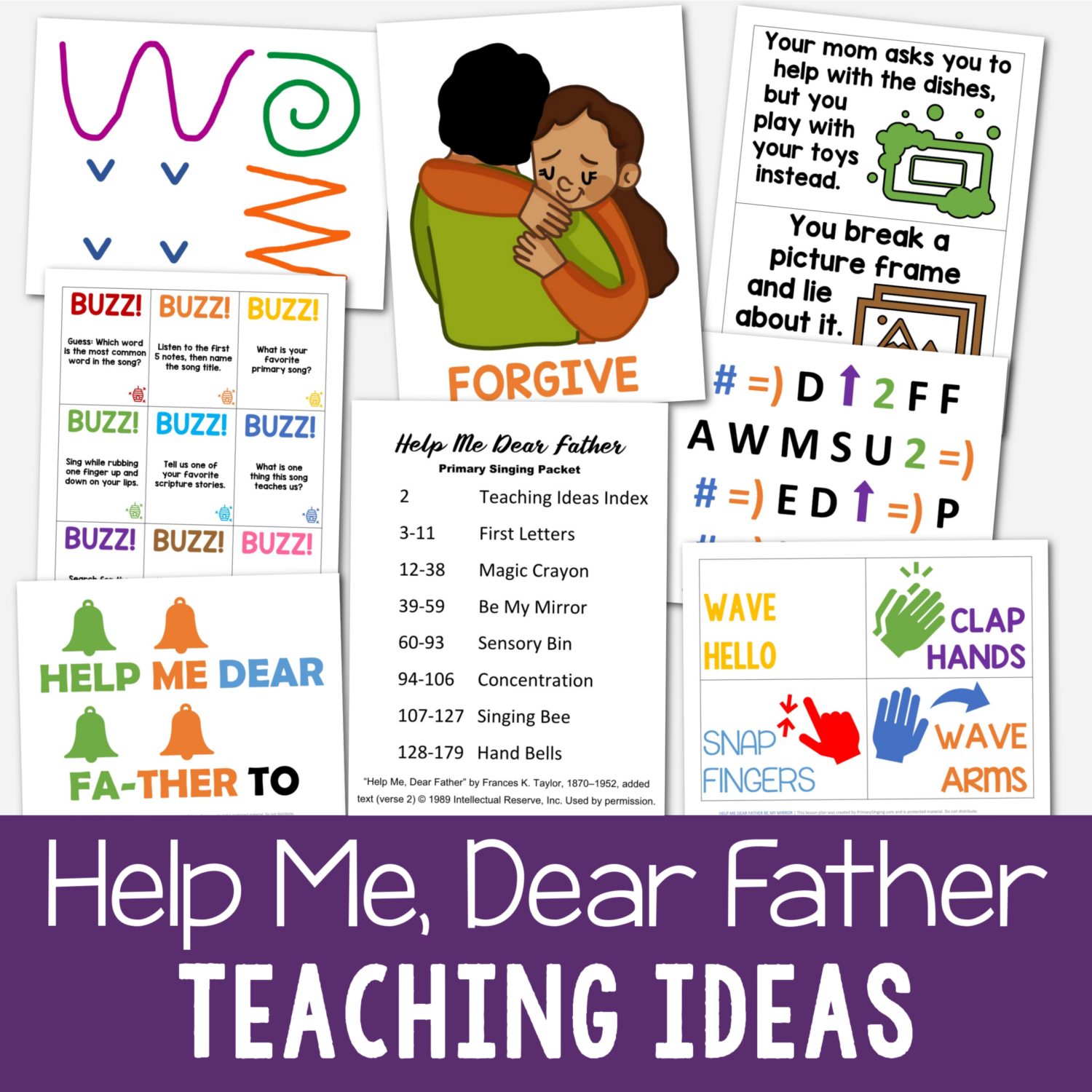 May Book of Mormon Primary Songs List for 2024 Come Follow Me 7 Help Me Dear Father teaching ideas packet for this important primary song in singing time - easy ways for LDS Primary music leaders to teach this song including hand bells, magic crayon, first letters, be my mirror, concentration, and more!