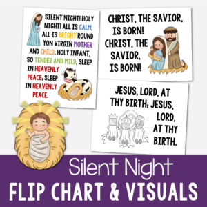 Silent Night flip chart - custom illustrations to help you teach this LDS Primary Christmas song and hymn for Primary Music Leaders singing time helps.