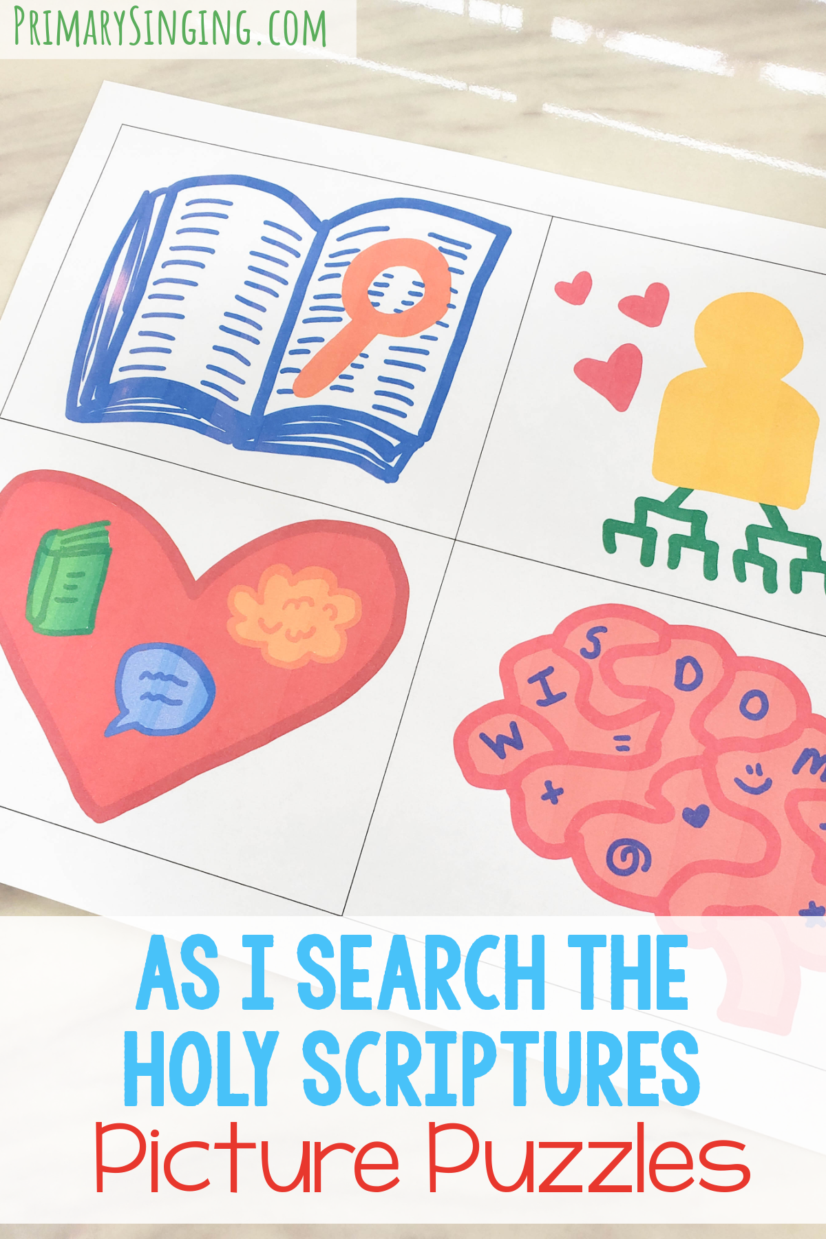 As I Search the Holy Scriptures Picture Puzzles fun and engaging singing time activity to decode the rebus picture puzzles that represent one line of the song as you teach this hymn in your Primary room! Printable song helps for LDS Primary music leaders. 