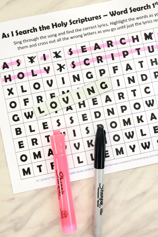 As I Search the Holy Scriptures Word Search singing time activity for LDS Primary music leaders. Teach the lyrics of this song in a unique word search puzzle to find each of the words and cross out all the wrong letters as you teach the song line by line. Printable song helps for LDS Primary music leaders.