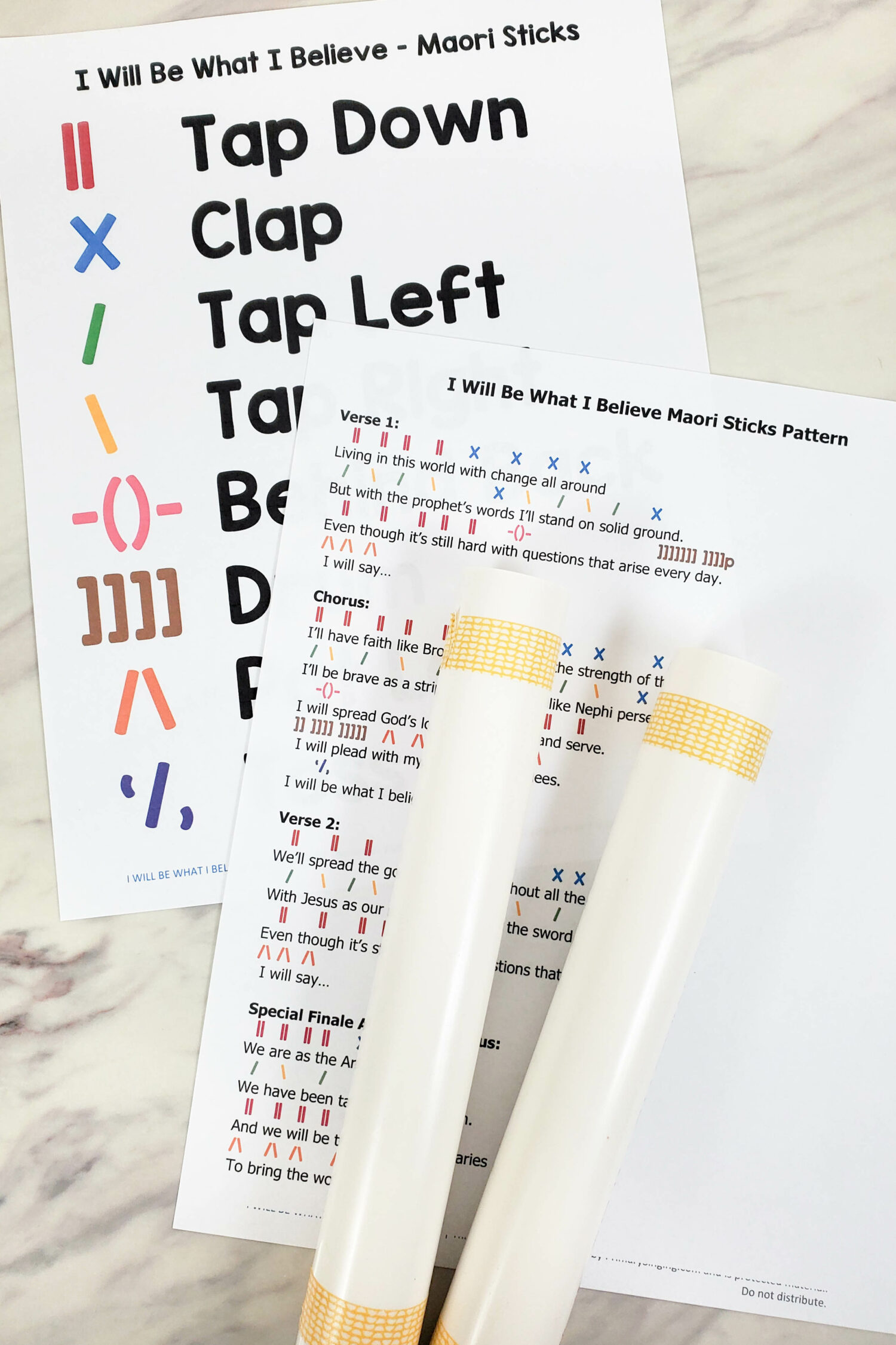 I WIll Be What I Believe Maori Sticks fun singing time idea that uses a repeating rhythm pattern that follows the lyrics as you make your own music with movement! Printable song helps for LDS Primary music leaders.