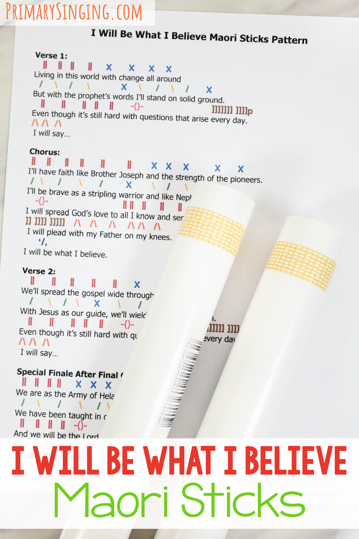 I WIll Be What I Believe Maori Sticks fun singing time idea that uses a repeating rhythm pattern that follows the lyrics as you make your own music with movement! Printable song helps for LDS Primary music leaders.