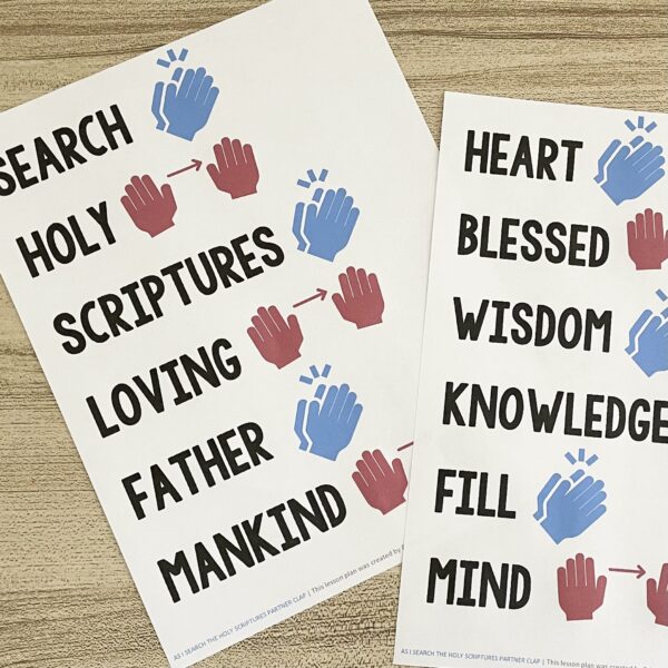 As I Search the Holy Scriptures Partner Clap - Grab a partner and use this fun partner clap pattern for a simple way to review this song with printable song helps for LDS Primary Music Leaders.