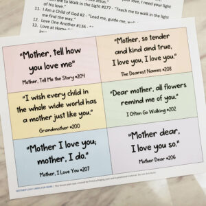 Use this fun Mother's Day singing time idea to quote a variety of different Primary songs you could teach to mom this year plus color-in cards for mom from these quotes! An adorable and one of a kind no prep lesson plan with printable song helps for LDS Primary music leaders.