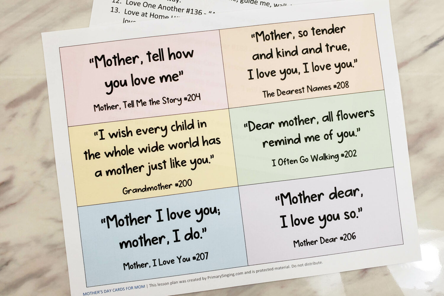 20 Mother's Day Singing Time Ideas 8 Use this fun Mother's Day singing time idea to quote a variety of different Primary songs you could teach to mom this year plus color-in cards for mom from these quotes! An adorable and one of a kind no prep lesson plan with printable song helps for LDS Primary music leaders.