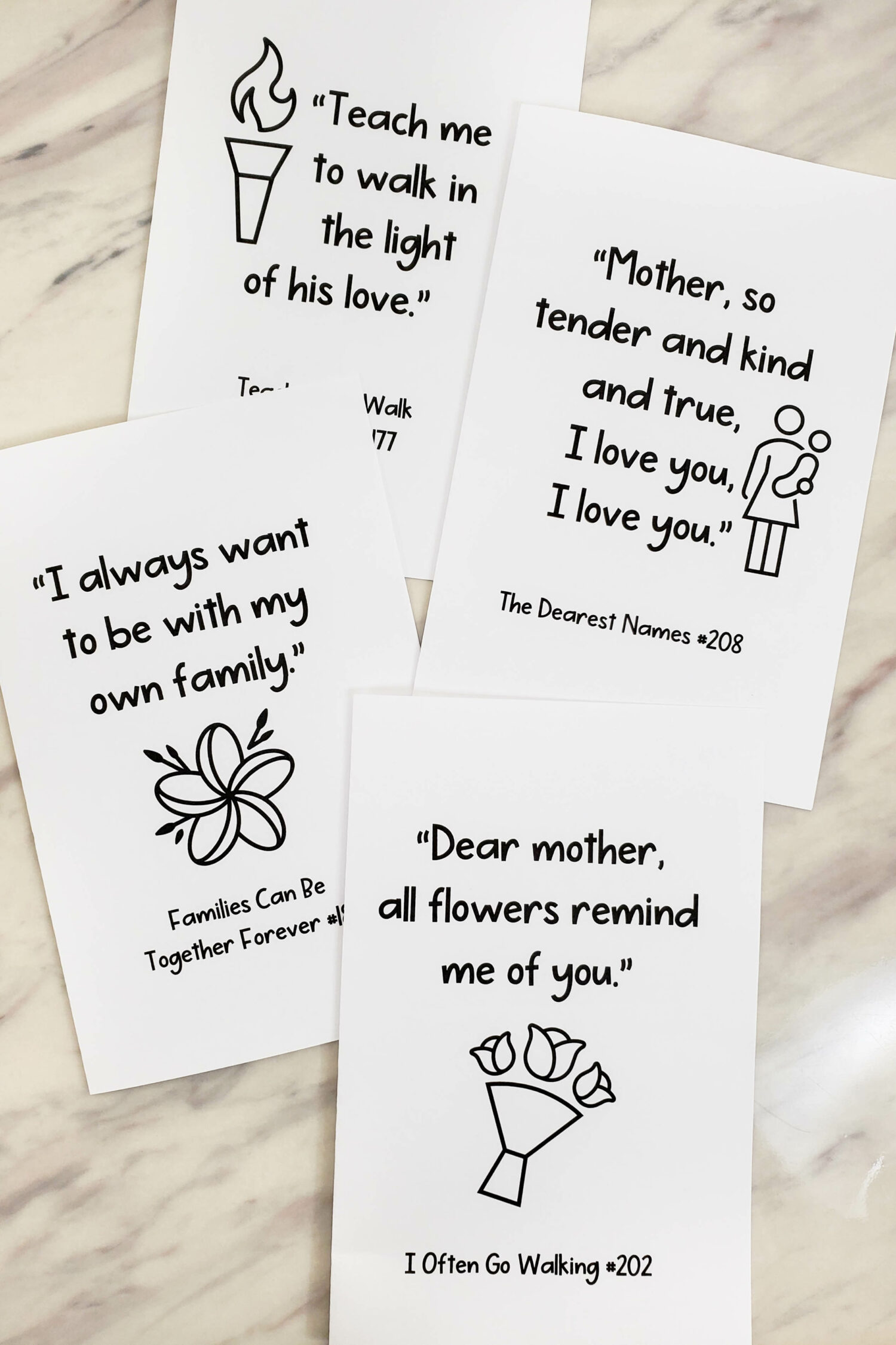 Use this fun Mother's Day singing time idea to quote a variety of different Primary songs you could teach to mom this year plus color-in cards for mom from these quotes! An adorable and one of a kind no prep lesson plan with printable song helps for LDS Primary music leaders.