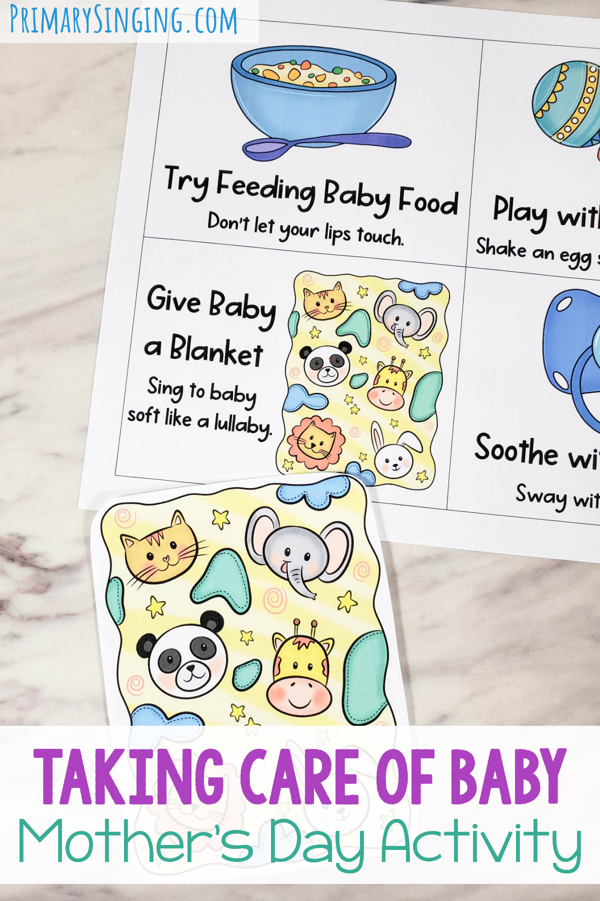 Mother's Day Taking Care of Baby singing time activity! Use this adorable printable baby care set of printable or this activity with a baby doll and accessories and paired with fun themed ways to sing cards to teach your choice of Mother's Day song! Printable teaching aids for LDS Primary Music Leaders.