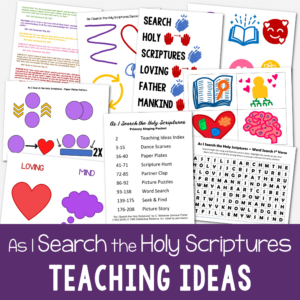 Shop As I Search the Holy Scriptures teaching ideas - tons of fun ways to help teach this LDS Primary hymn including dance scarves, paper plates, picture puzzles, word search and more for singing time.