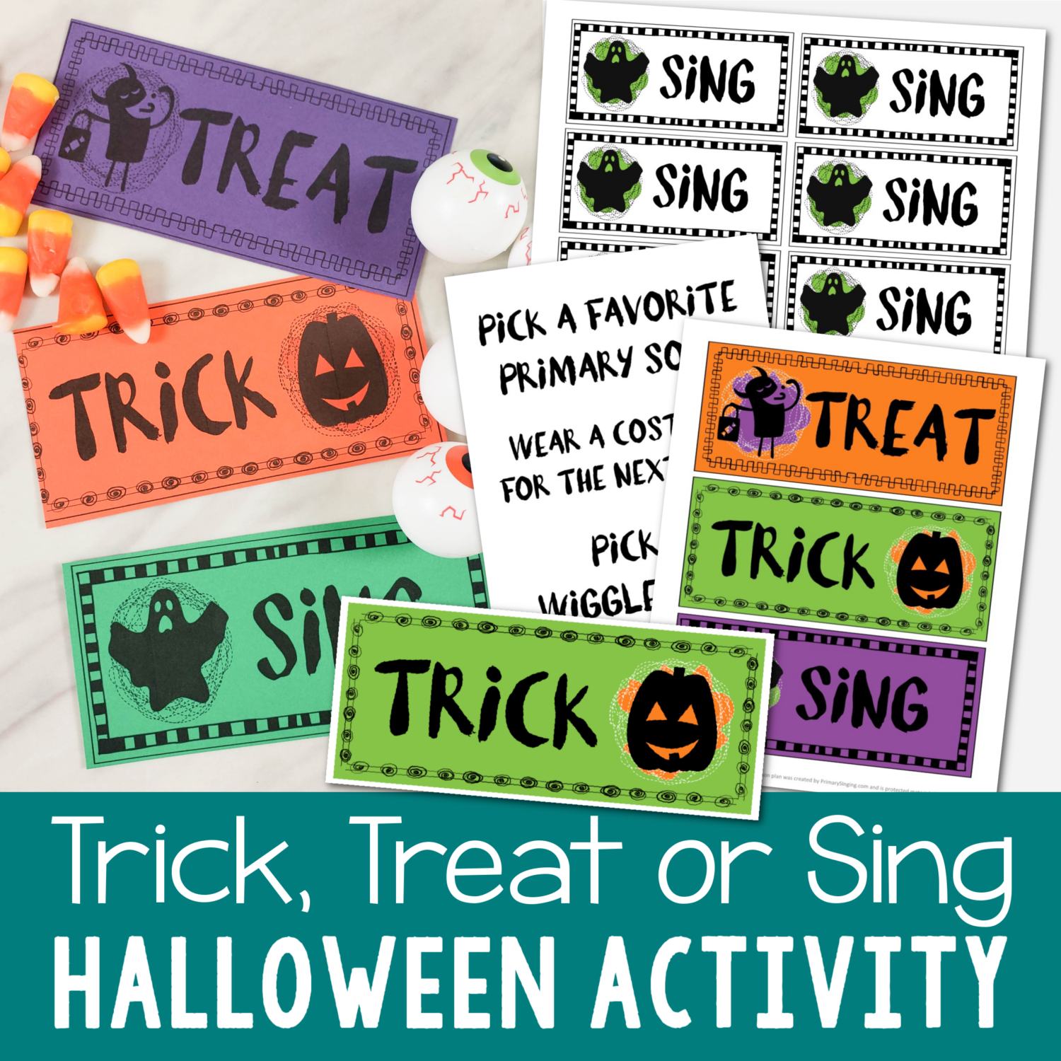 Shop Halloween Trick Treat or Sing Singing Time Activity printable lesson plan for LDS Primary music leaders. Use this fun Sing or Dare challenge to review a variety of your Primary songs or have fun with this themed holiday activity.
