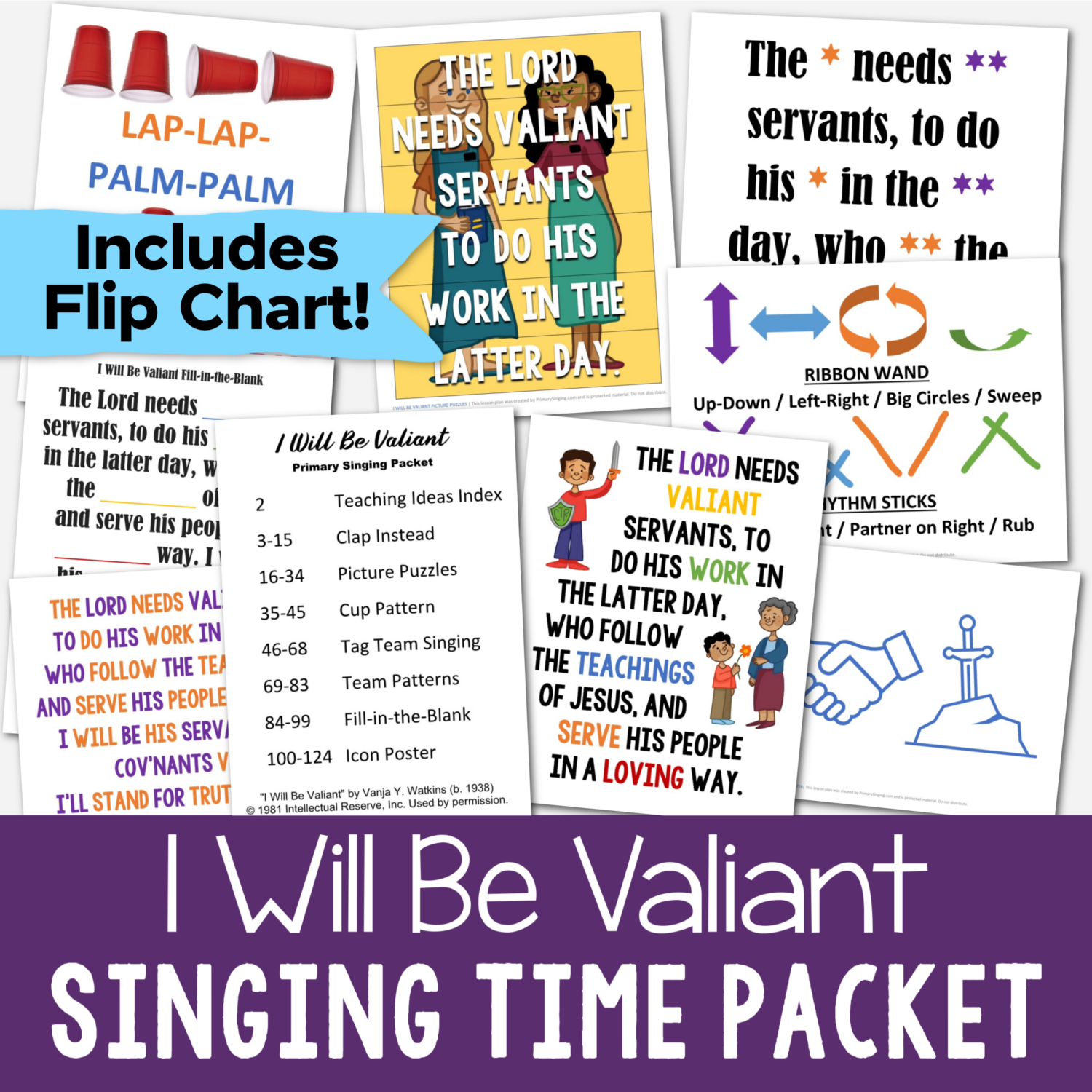 Shop I Will Be Valiant singing time packet - tons of fun ways to help teach this LDS Primary song including flip chart, picture puzzles, cup pattern, clap instead, fill in the blank and more!
