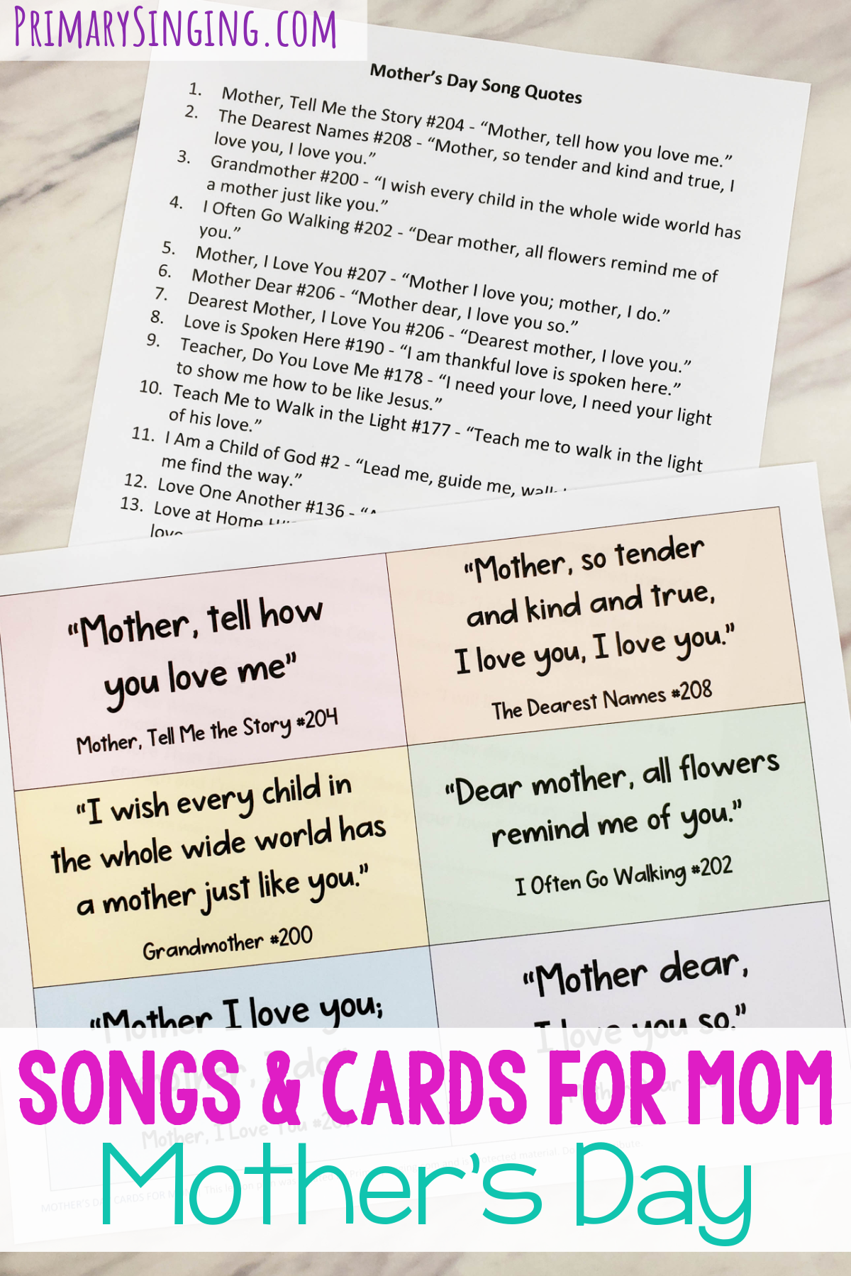 Use this fun Mother's Day singing time idea to quote a variety of different Primary songs you could teach to mom this year plus color-in cards for mom from these quotes! An adorable and one of a kind no prep lesson plan with printable song helps for LDS Primary music leaders.