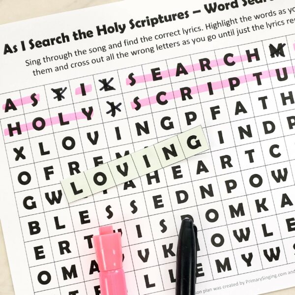 As I Search the Holy Scriptures Word Search singing time activity for LDS Primary music leaders. Teach the lyrics of this song in a unique word search puzzle to find each of the words and cross out all the wrong letters as you teach the song line by line. Printable song helps for LDS Primary music leaders.