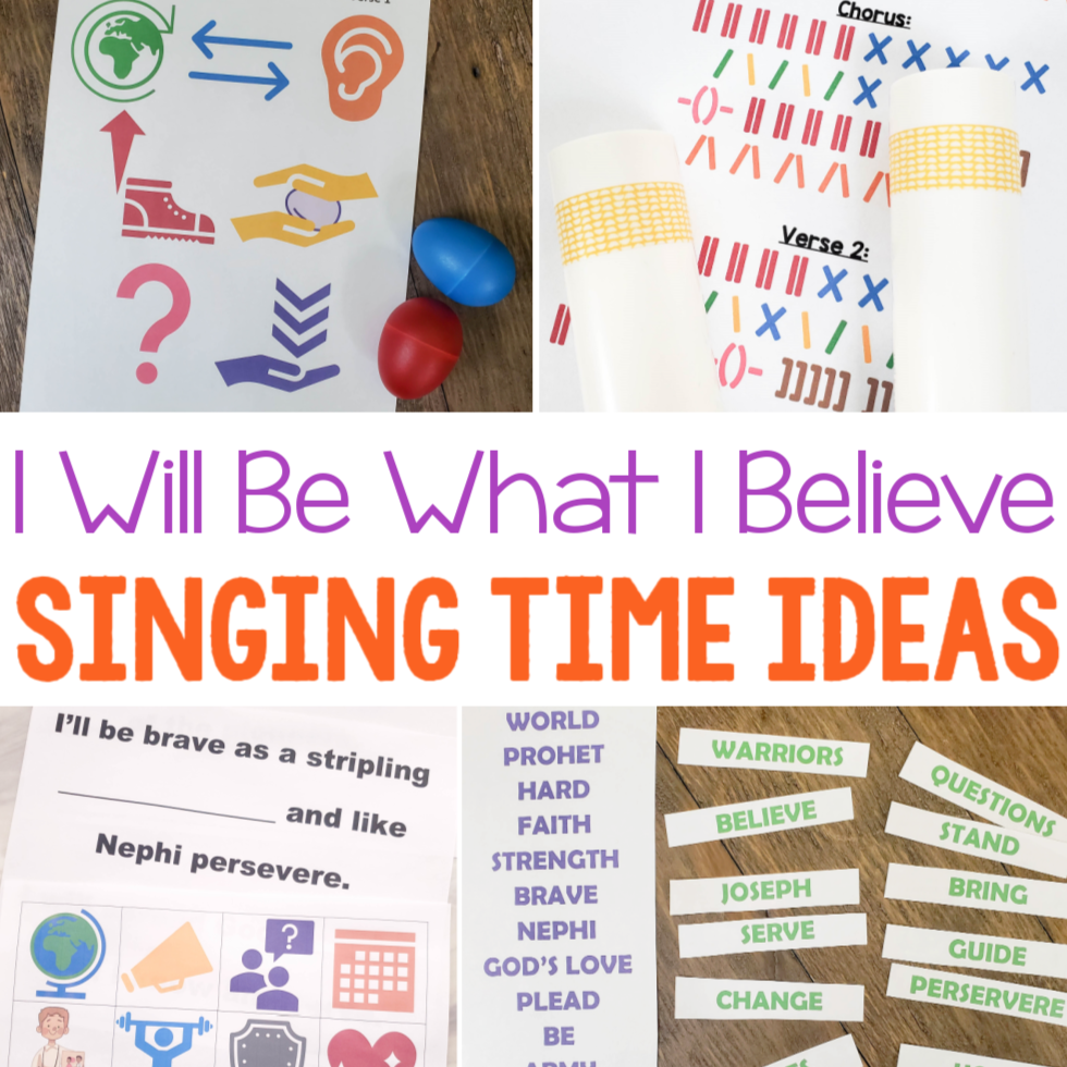 I Will Be What I Believe Singing Time Ideas to help you teach this beautiful Primary song by Blake Gillette! Includes a variety of great teaching ideas including egg shakers, maori sticks, line match, finger lights, testimony share, flip charts and more! Includes printable song helps for LDS Primary music leaders.