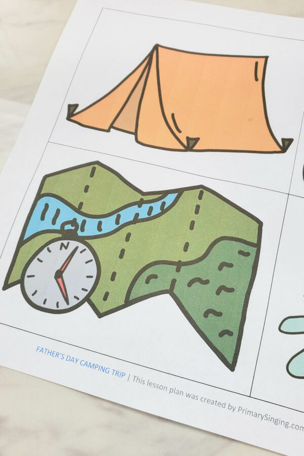 Camping Trip Singing Time Game - A fun lesson plan with printable song helps perfect for teaching your Father's Day Primary songs or as a great summer themed review activity! Fill up the campground with these fun illustrations and ways to sing. LDS Primary Music Leaders and home Come Follow Me ideas.