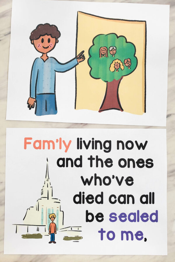 Family History I Am Doing It Flip Chart printable song lyrics and illustrations helps for LDS Primary music leaders teaching this song as part of the Come Follow Me Doctrine & Covenants songs list.