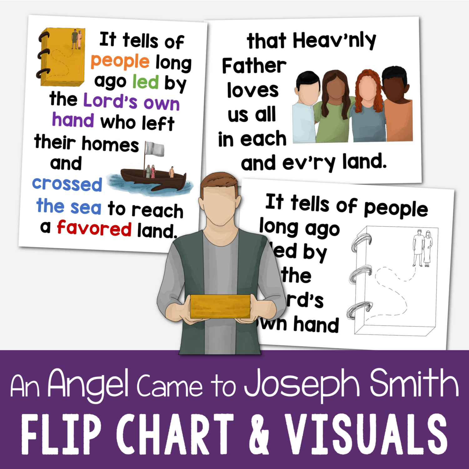 An Angel Came to Joseph Smith Flip Chart printable song visuals aids and helps for LDS Primary music leaders teaching this lovely song for Book of Mormon or Doctrine & Covenants Come Follow Me years. Includes printable illustrations song chart with lyrics to easily teach this song!