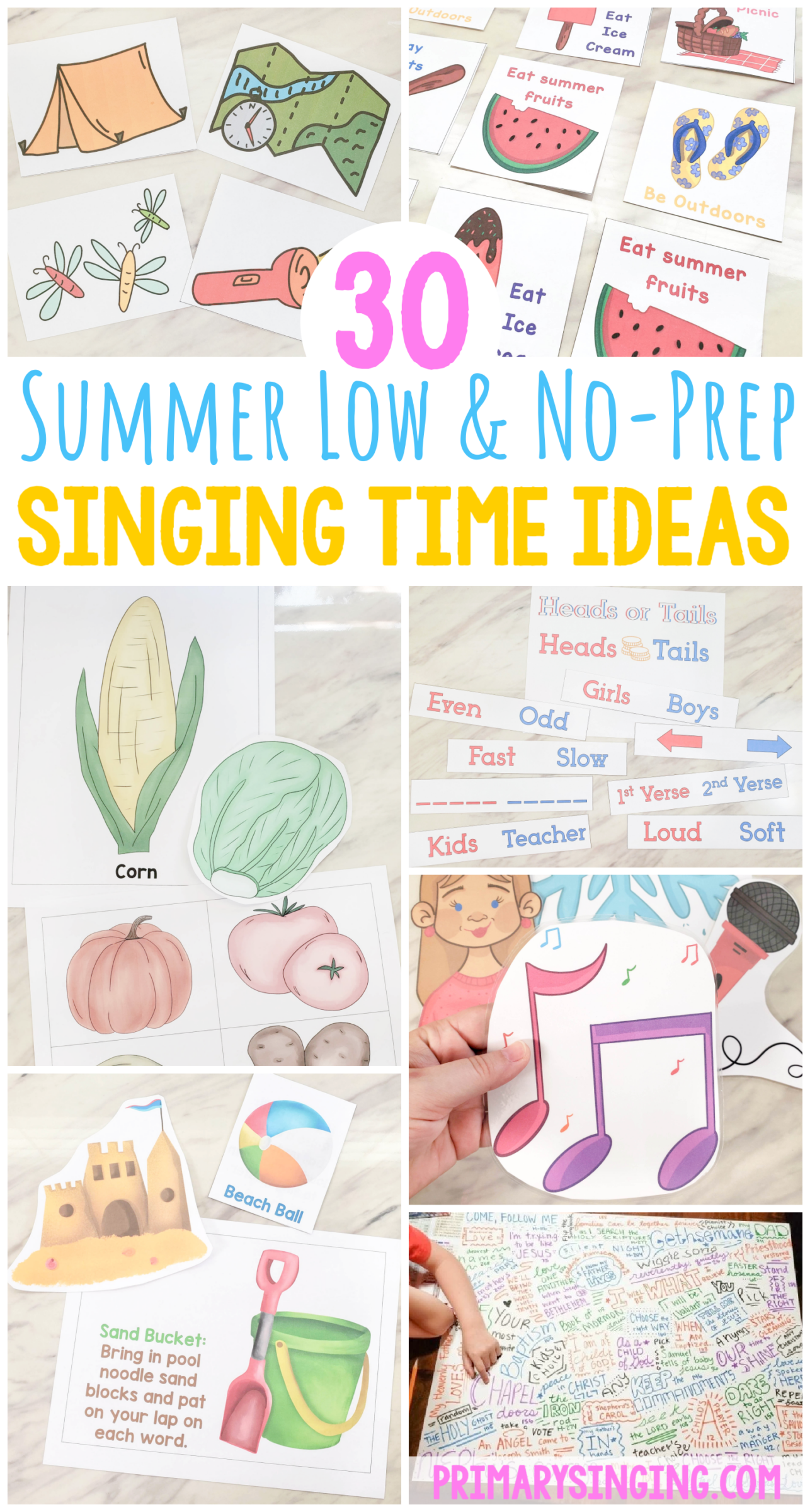 30 Summer Low & No-Prep Singing Time Ideas 35 Summer Singing Time Ideas - Low and No Prep lesson plans and activities that anyone can use in minutes! Includes a mix of activities that will help you review a set of songs or just work through your song of choice. So many fun activities you can keep in your back pocket to sue with a sub or when you have a last minute summer scramble. If you're currently called as a Primary Music Leader you need to bookmark this post to refer back to it whenever needed!