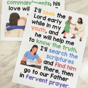 Seek the Lord Early Flip Chart singing time song chart to help you teach the song with lyrics and custom illustrations. Great printable resource for LDS Primary music leaders.