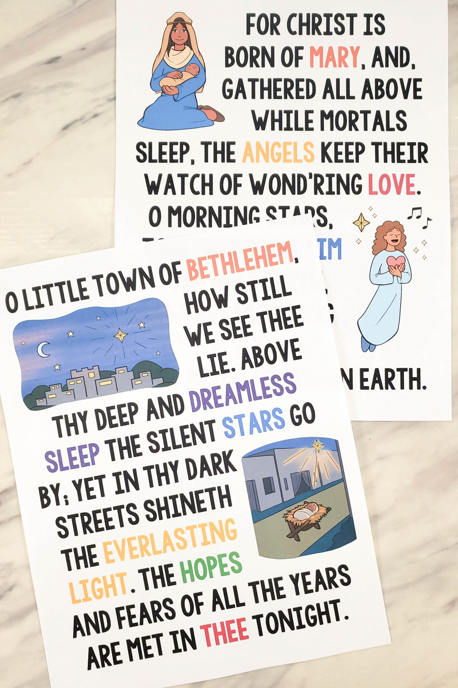 O Little Town of Bethlehem Flip Chart printable song visuals aids and helps for LDS Primary music leaders teaching this Primary hymn as part of the D&C Come Follow Me list or Christmas time. Includes printable illustrations song chart with lyrics to easily teach this song!