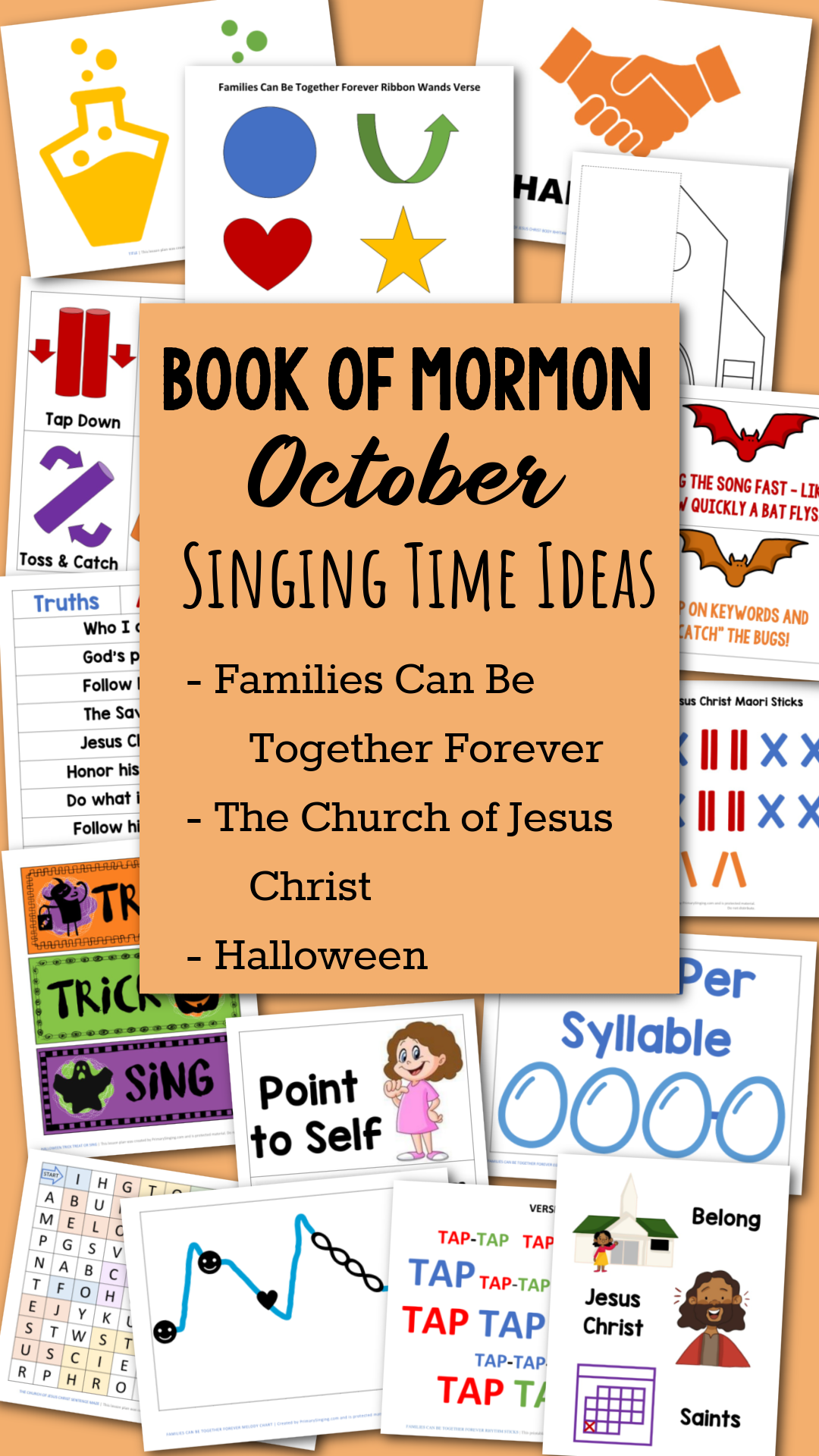 Book of Mormon October Singing Time Ideas - TONS of great ways to help you teach Families Can Be Together Forever and The Church of Jesus Christ plus Halloween ideas! You won't want to miss all of the wonderful teaching resources this month for LDS Primary music leaders and families for Come Follow Me.