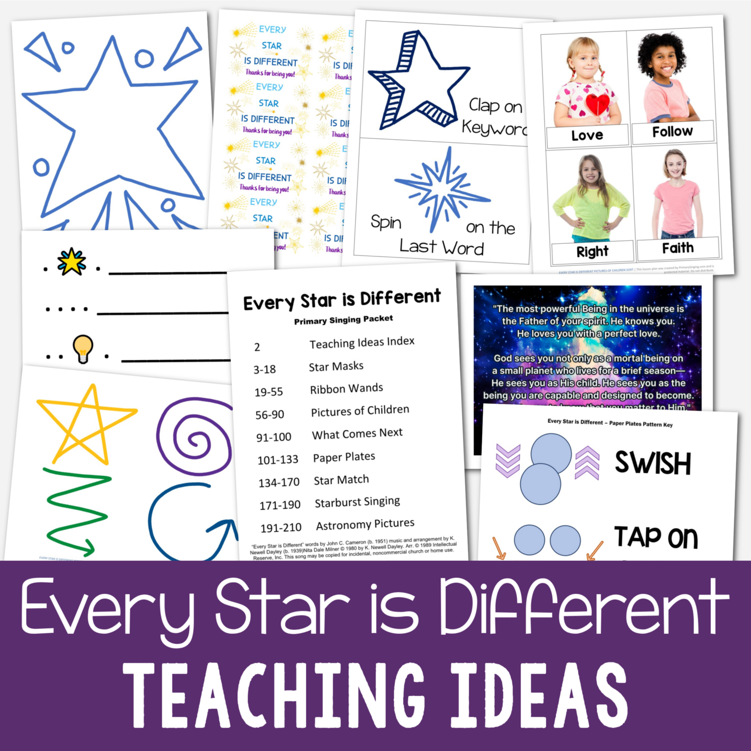 Every Star is Different teaching ideas singing time packet for LDS Primary music leaders with 8 fun lesson plans. Includes ribbon wands, star masks, star match, starburst singing, what comes next, paper plates, pictures of children, and astronomy picture object lesson. Printable song helps for Come Follow Me.
