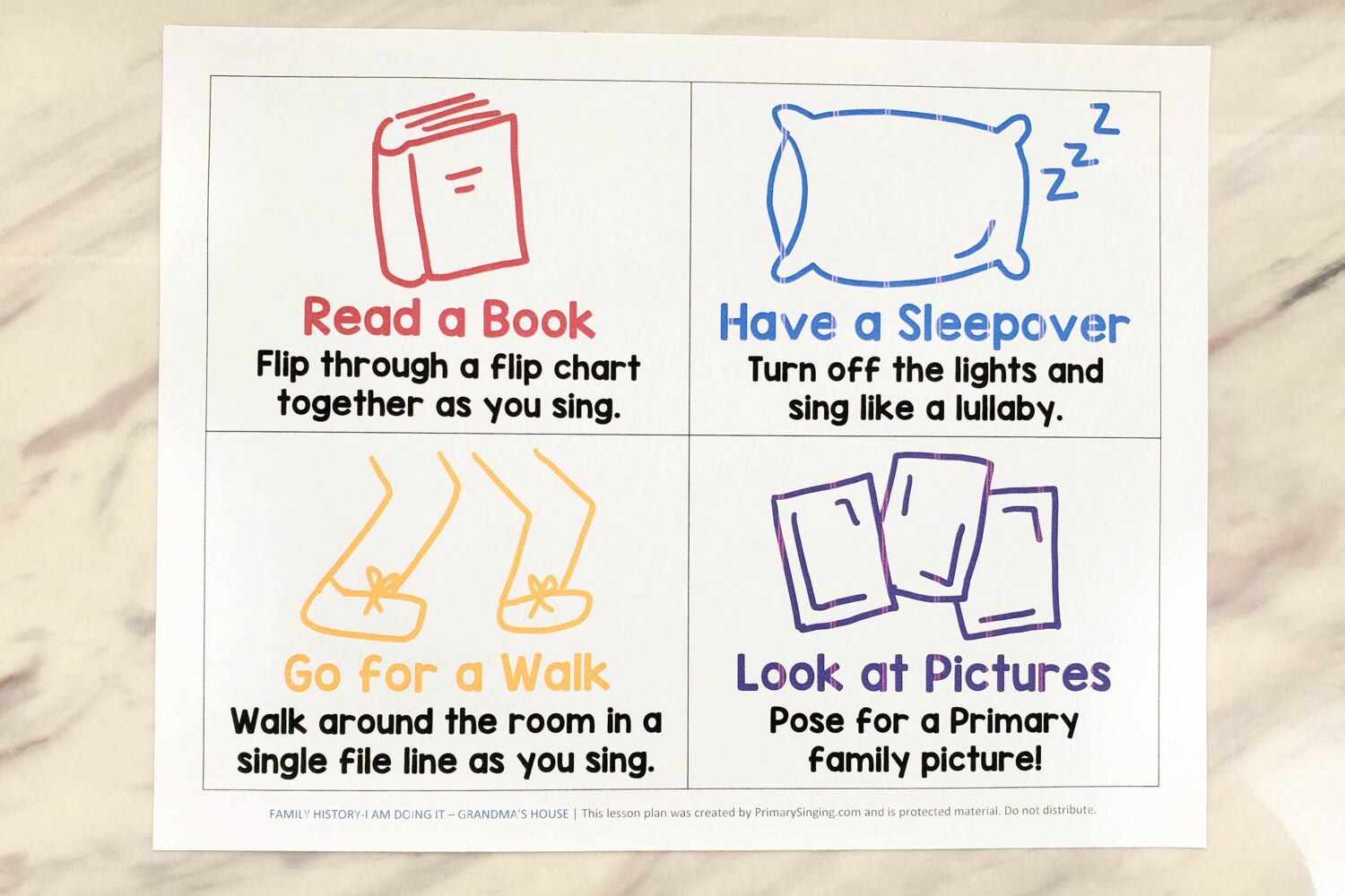 Family History I Am Doing It Grandma's House - Use this fun and engaging singing time activity to take a trip to Grandma's house to do a variety of fun themed activities you might do with your grandparents such as go for a walk, read a book together, take a nap, and look at family pictures! Each has a fun way to interact with the song in a different way. Perfect to review or teach this song for LDS Primary music leaders.