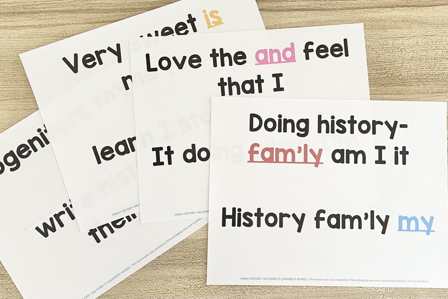 20 Family History-I Am Doing It Singing Time Ideas 5 Family History I am Doing It Scrambled Words - Use this fun word game and rearrange the scrambled phrases for a fun way to review with printable song helps for LDS Primary Music Leaders