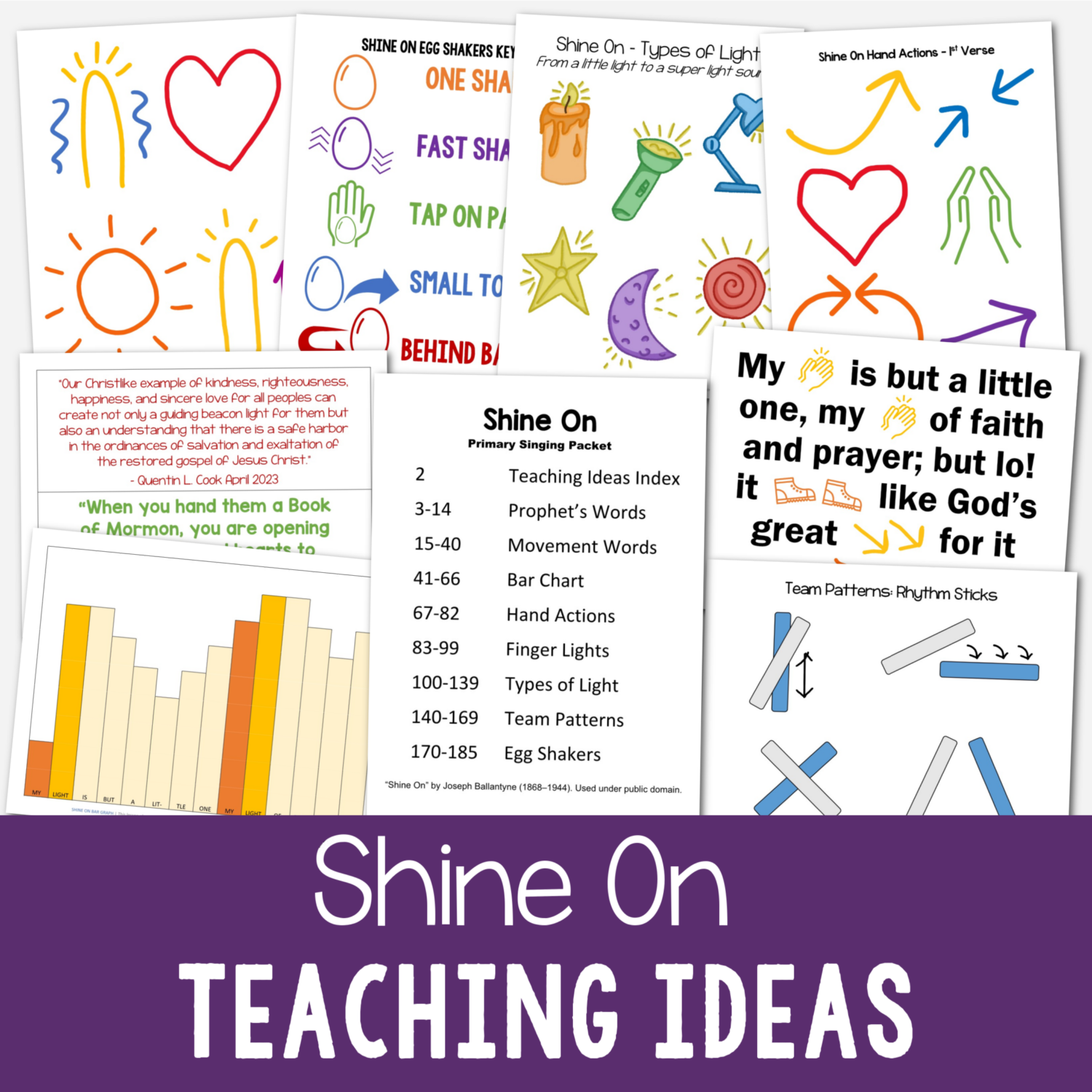 Shine On Singing Time Packet includes tons of teaching ideas including bar chart, types of light, hand actions, finger lights, egg shakers, movement words, team patterns and more! Engaging printable lesson plans for easy no-prep activities for LDS Primary music leaders.