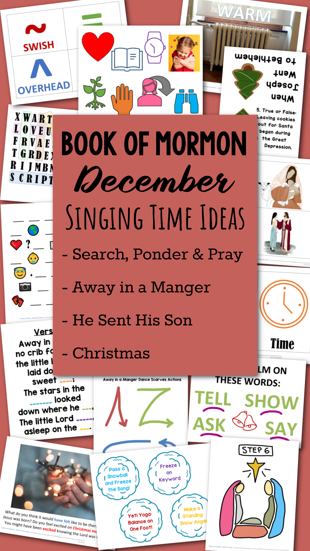 December Book of Mormon Primary Songs List for 2024 Come Follow Me 1 Book of Mormon December Singing Time Ideas - TONS of great ways to help you teach Search Ponder and Pray, Away in a Manger, He Sent His Son, plus Christmas ideas! You won't want to miss all of the wonderful teaching resources this month for LDS Primary music leaders and families for Come Follow Me.