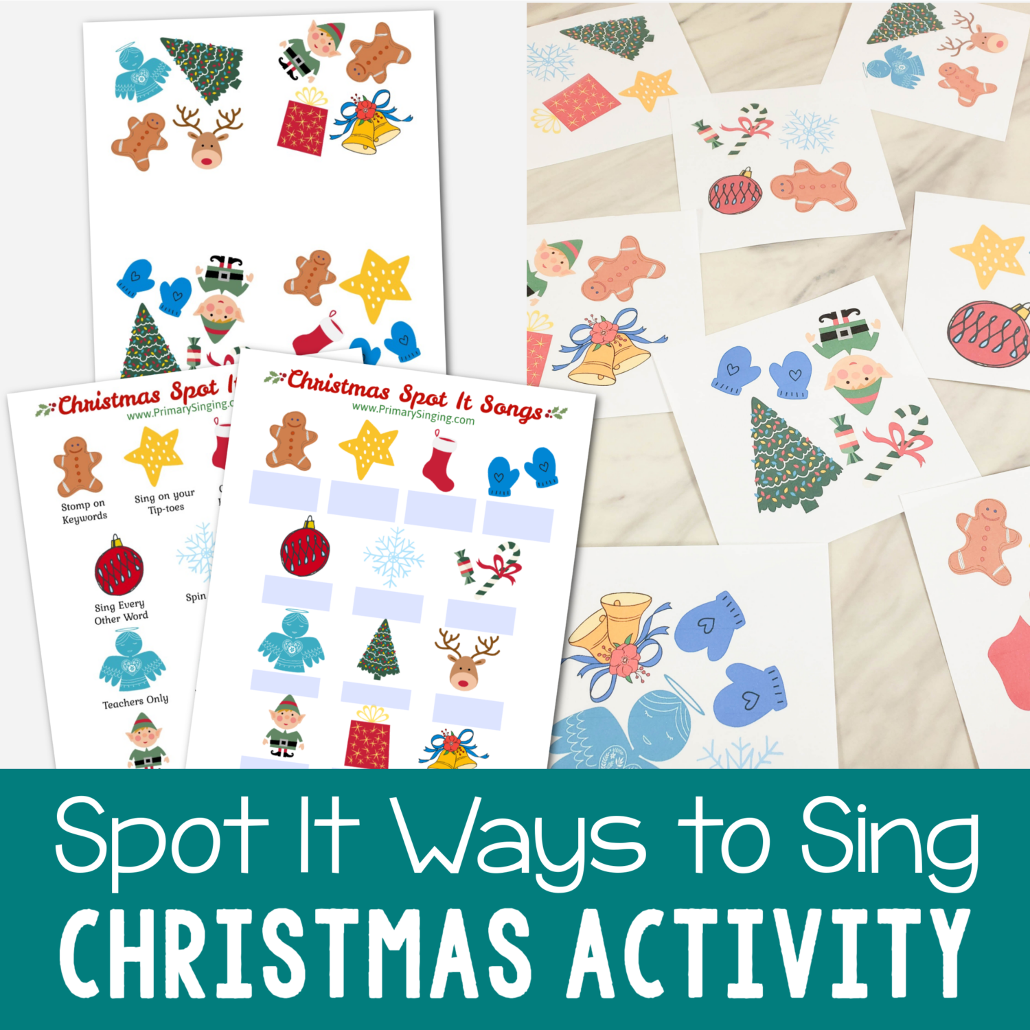 December Overview & Christmas 2 Christmas Spot It Singing Time Game fun printable lesson plan that's easy to use! Just print or use the slideshow. The kids will look for the matching symbol - each which represent a Primary Christmas song or a way to sing to use your own songs of choice! Holiday lesson plan for LDS Primary music leaders.
