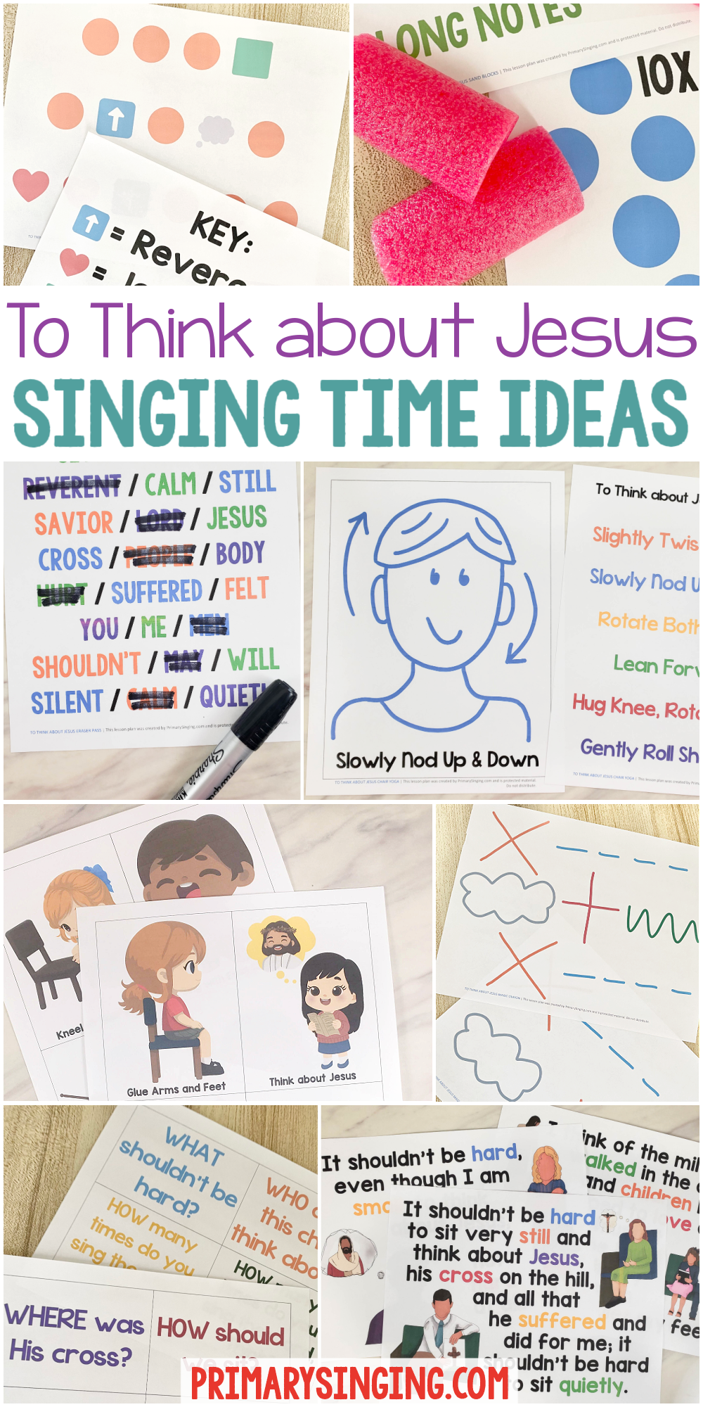 To Think about Jesus Singing Time Ideas including tons of fun and easy ways to teach this song chair yoga, crack the code, directed listening, magic crayon, sand blocks, To Think about Jesus flip charts and even a sing along video! So many great resources to help LDS Primary music leaders and families for D&C Come Follow Me year teach this song.