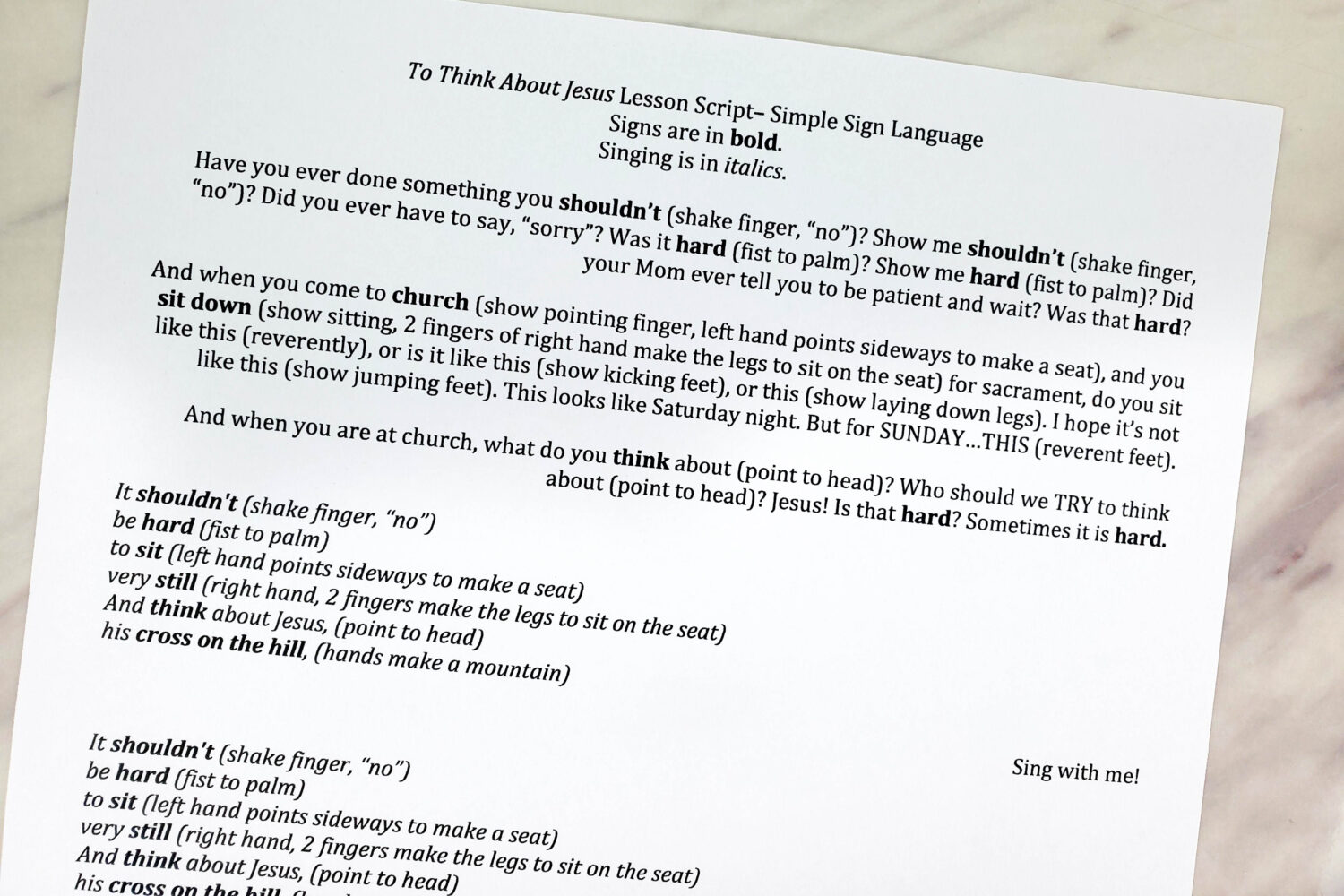 To Think about Jesus Hand Actions singing time idea