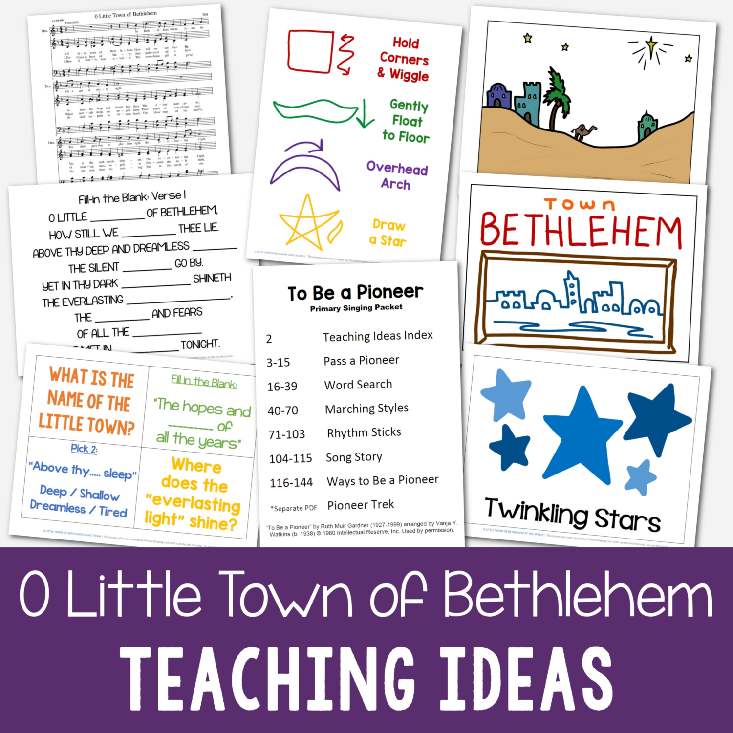O Little Town of Bethlehem teaching ideas packet includes tons of singing time ideas including dance scarves, fill in the blank, a special descant, finish the picture, song trivia, and more! Engaging printable lesson plans for easy no-prep activities for LDS Primary music leaders.