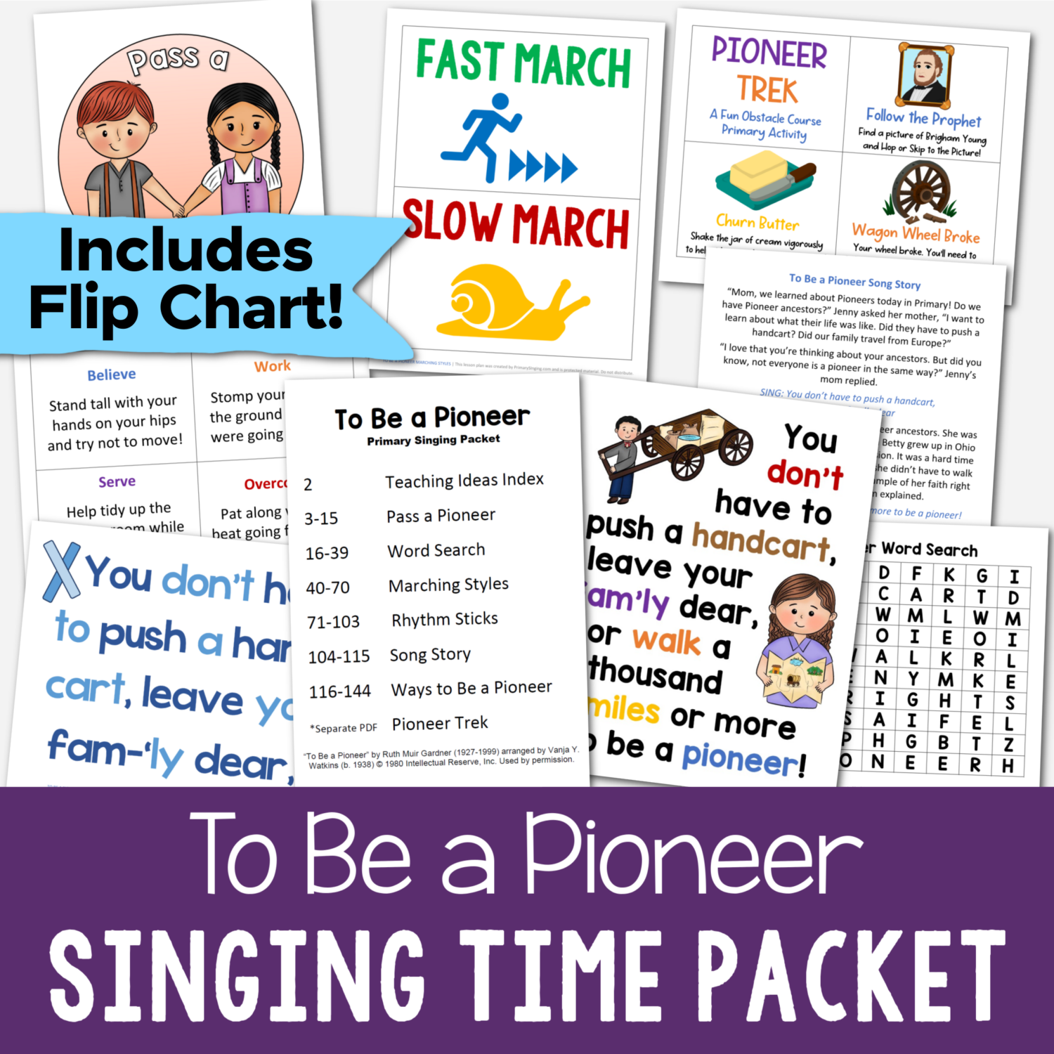 15 To Be a Pioneer Singing Time Ideas 2 To Be a Pioneer Singing Time packet includes tons of teaching ideas including illustrated flip chart, marching styles, pass a pioneer, rhythm sticks, song story, a primary trek and more! Engaging printable lesson plans for easy no-prep activities for LDS Primary music leaders.