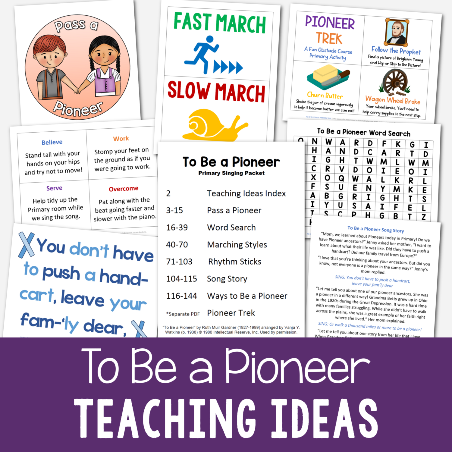 November Doctrine & Covenants Primary Songs List 5 To Be a Pioneer Teaching Ideas includes tons of teaching ideas including marching styles, pass a pioneer, rhythm sticks, song story, a primary trek and more! Engaging printable lesson plans for easy no-prep activities for LDS Primary music leaders.