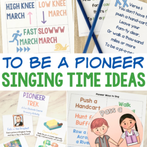 To Be a Pioneer Singing Time Ideas - Fun ways to teach this song in Primary including marching styles, pass a pioneer, rhythm sticks, song story, ways to be a pioneer, word search, and more! Including printable flip chart and sing-along video! Song helps for LDS Primary Music Leaders D&C Come Follow Me year and Pioneer Day.