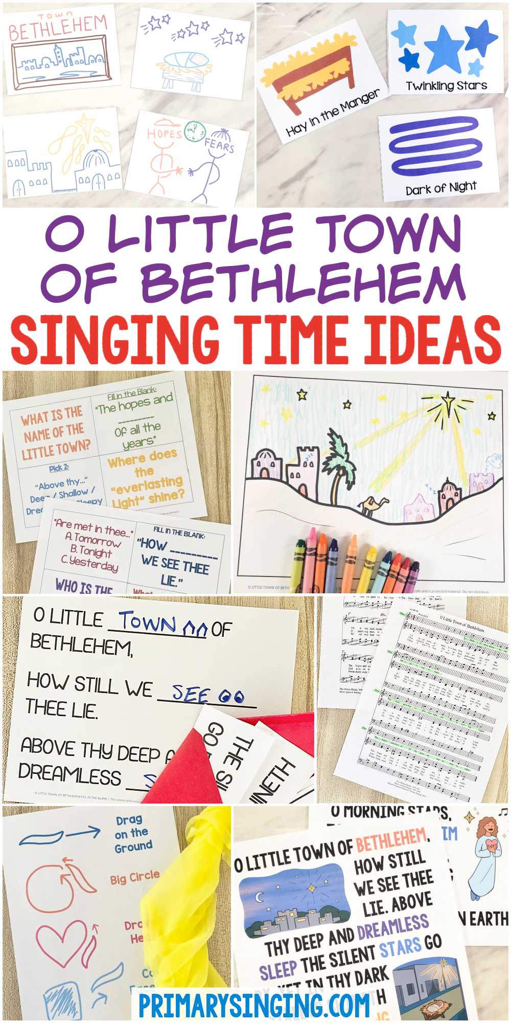 O Little Town of Bethlehem Singing Time packet includes tons of teaching ideas including dance scarves, fill in the blank, a special descant, finish the picture, song trivia, illustrated flip chart, and more! Engaging printable lesson plans for easy no-prep activities for LDS Primary music leaders.
