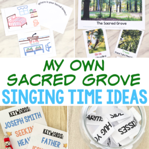 My Own Sacred Grove Singing Time ideas and lesson plans plus flip charts to help you easily teach this song including be my mirror, scrambled lyrics, sacred corners, draw your sacred grove, and more! Printable song helps for LDS Primary music leaders and Come Follow Me for Families. Primary song by Angie Killian perfect for the D&C Come Follow Me year!