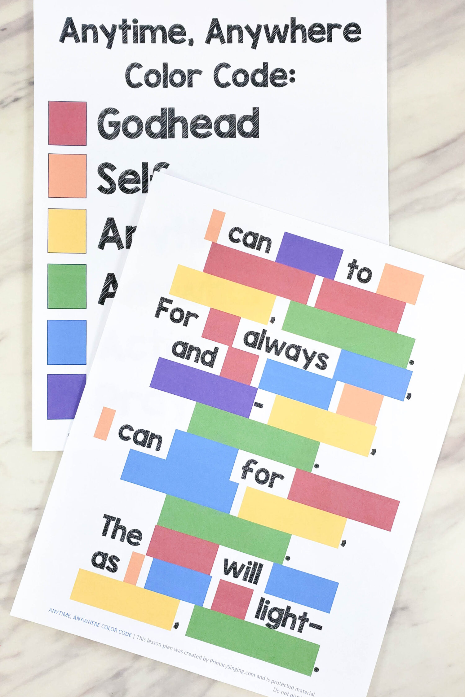 Anytime Anywhere Color Code Singing Time activity - can you crack the color code with what each color represents? Bonus challenge - write in the missing lyrics! A fun and easy printable singing time activity for LDS Primary music leaders or home Come Follow Me for families.