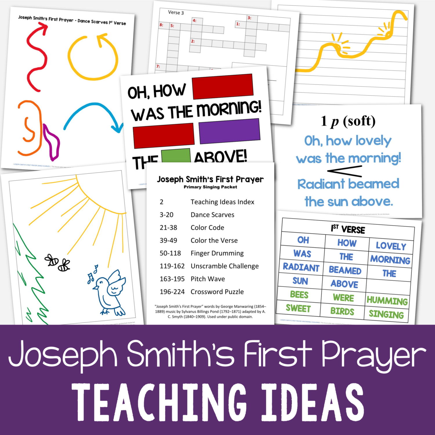 Joseph Smith's First Prayer Singing Time Packet includes 7 fun activities and lesson plans to help you easily teach this song including dance scarves, color the verse, finger drumming, pitch wave, and more! Printable song helps for LDS Primary music leaders and Come Follow Me for Families.